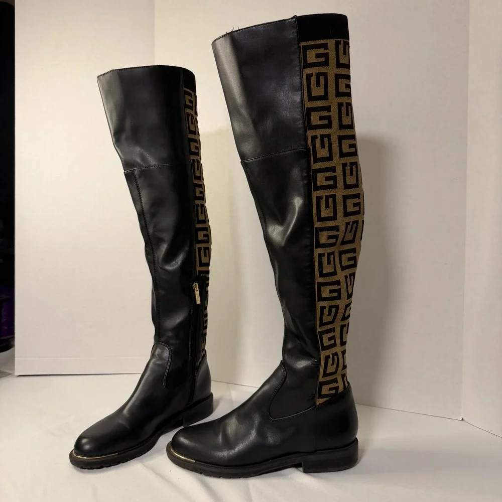 Guess Over The Knee Boots Womens Black Tan Monogram Knit Pull on/Zip